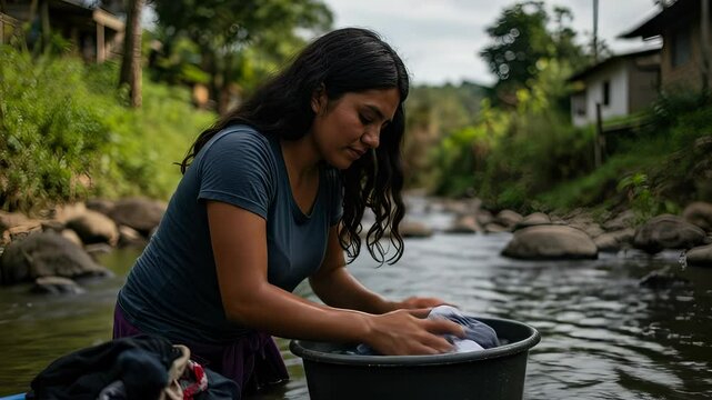 Indigenous woman washing clothes in river, connecting with nature for a sustainable lifestyle
