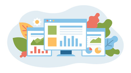 Computer screen displaying charts and graphs with leaves and a flower in the background design