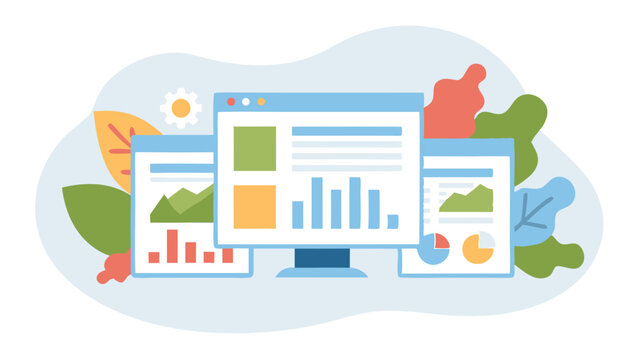 Computer screen displaying charts and graphs with leaves and a flower in the background design