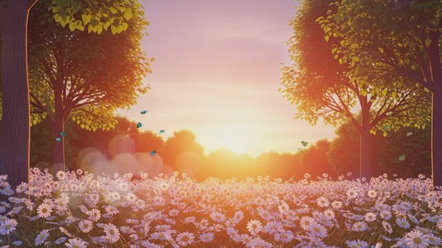 sunset in the forest with daisy flowers field 