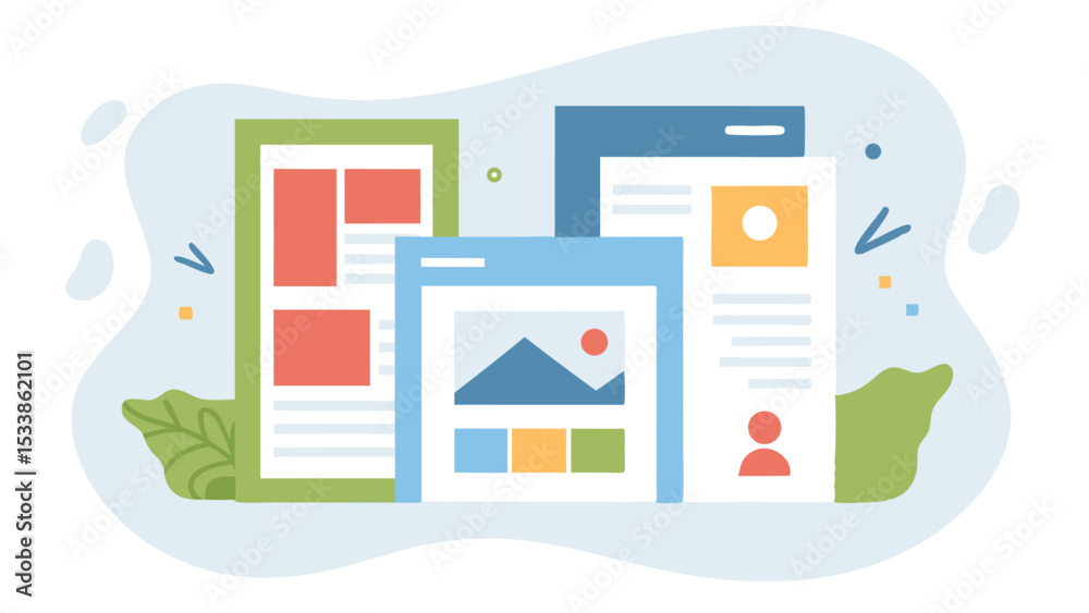 Aufkleber illustration of three different web page layouts with various content blocks and design elements sho