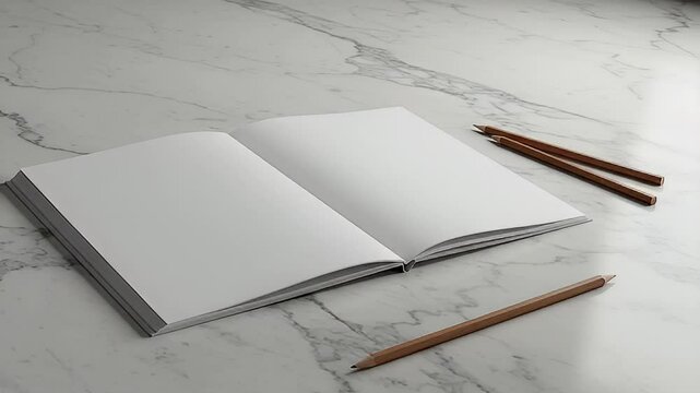 Open Blank Notebook with Pencils on Marble Surface in Bright Lighting