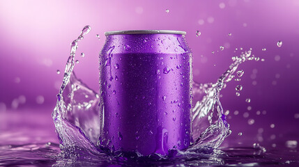Purple soda can with water splash - vibrant and refreshing metallic drink mockup. Cool summer beverage with dynamic liquid motion, crisp splash effect, fizzy refreshment concept