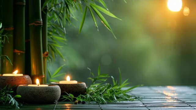 Tranquil image of lit candles surrounded by lush bamboo and leaves at sunset, creating a serene atmosphere perfect for relaxation and meditation. Warm lighting enhances the calming scene.