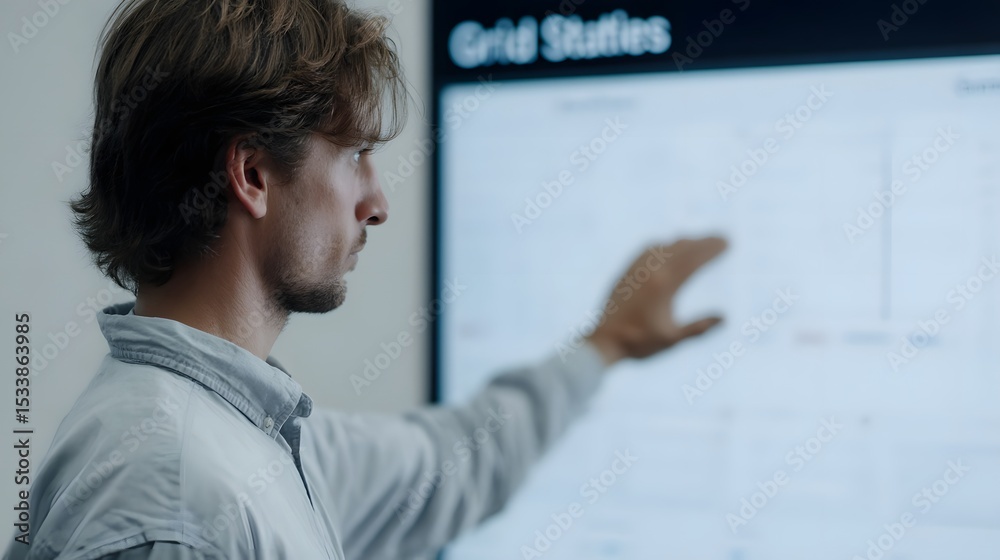Poster user interacting with a grid status dashboard on a smart network model