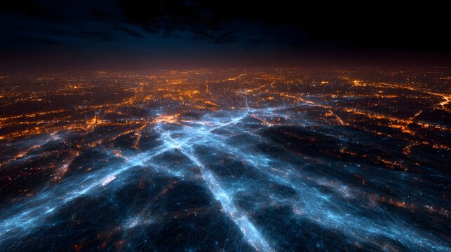 A smart city map with glowing energy distribution lines in real time