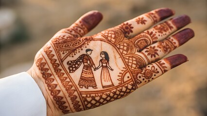 Close-up of palm with Rajasthani mehndi design, including miniature bride and groom figures, deep-stained henna, high-resolution skin detail