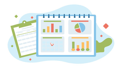 Illustration of a data dashboard with charts and a clipboard with lines and check boxes