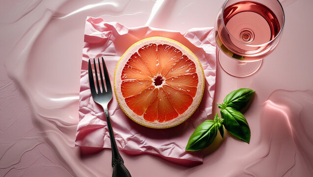 Elegant composition featuring grapefruit slice, ros? wine, basil leaves and fork on pink background - Powered by Adobe