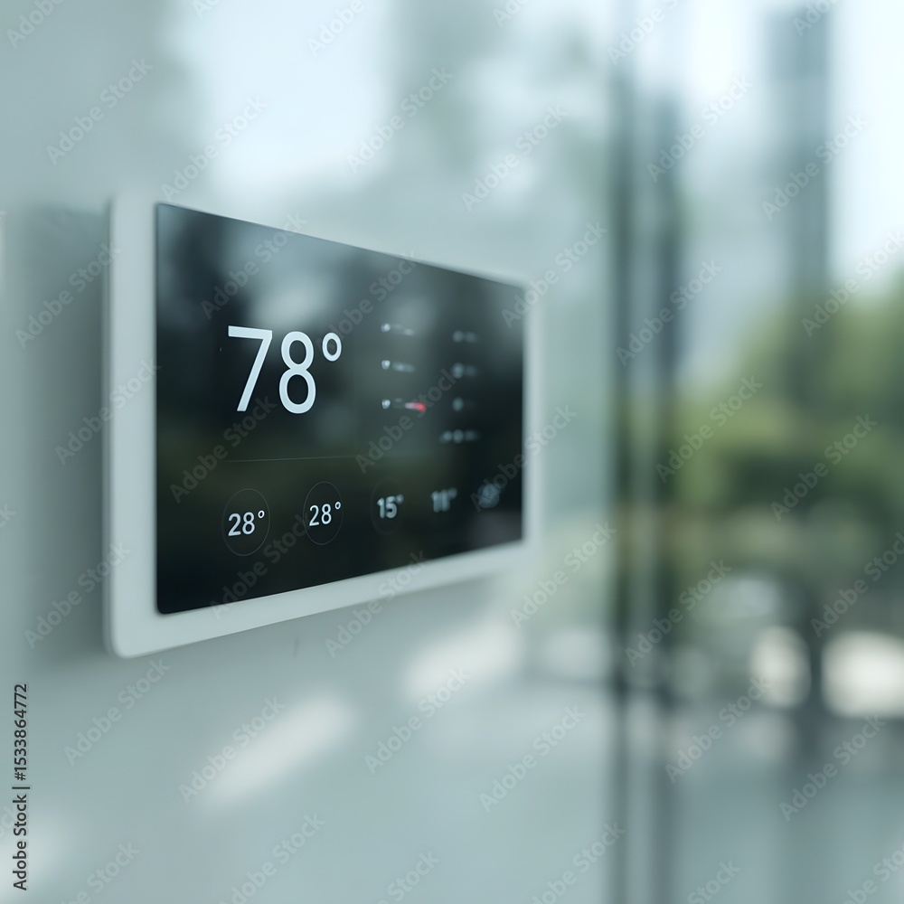 Poster a smart building control panel displaying room temperatures in a minimalist ui