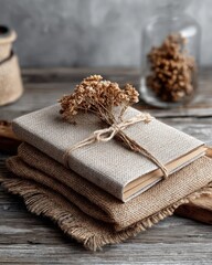 Stack of linen books adorned with dried flowers.