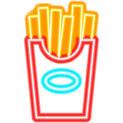 French Fries Neon Sign. Fried Potato Glowing Symbol. Vector Illustration of Fast Food Promotion Object.