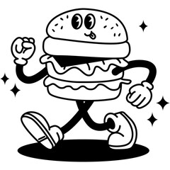 Retro Burger Guy Cartoon. Vector Illustration of Old Fashion Vintage Happy Concept. Street Food Boy Walk.