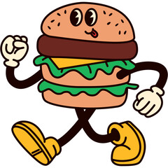 Retro Style Burger Guy Isolated. Vector Illustration of Old Fashion Vintage Cartoon Happy Concept. Street Food Menu.