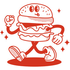 Retro Burger Guy Web Banner. Illustration of Old Fashion Vintage Cartoon Happy Concept. Street Food.