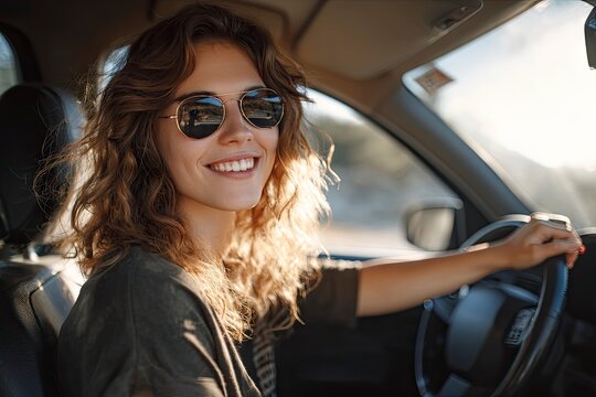 Young woman driving a car, smiling happily, reflecting a carefree and adventurous spirit in a bright environment.