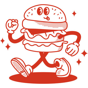 Retro Burger Guy Web Banner. Illustration of Old Fashion Vintage Cartoon Happy Concept. Street Food.