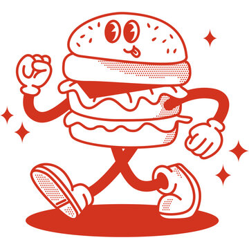 Retro Burger Guy Web Banner. Vector Illustration of Old Fashion Vintage Cartoon Happy Concept. Street Food.