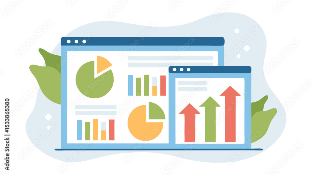 Aufkleber illustration of two computer screens displaying charts and graphs for data analysis and presentation
