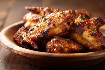 Side view of crispy glazed chicken wings on wooden plate.