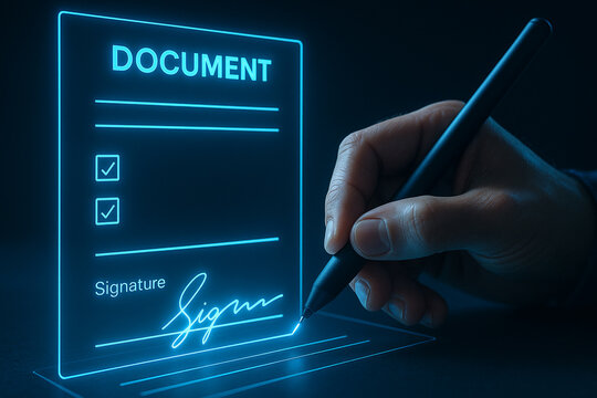 Digital signature online document signing concept with pen and neon interface for secure transactions
