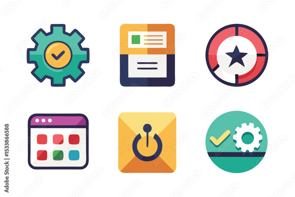 Poster a collection of colorful vector icons representing settings and general business functions