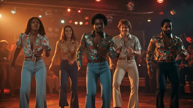 Energetic group of diverse young adults having a funky time dancing in a retro disco
