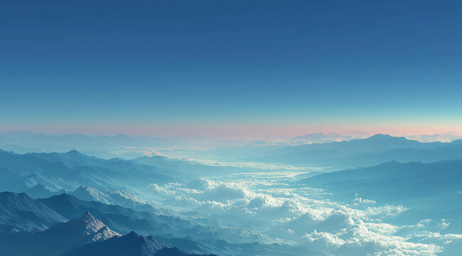 Beautiful mountain range from an airplane window, clear blue sky, distant mountains, serene and majestic landscape, aerial view of the peaks 