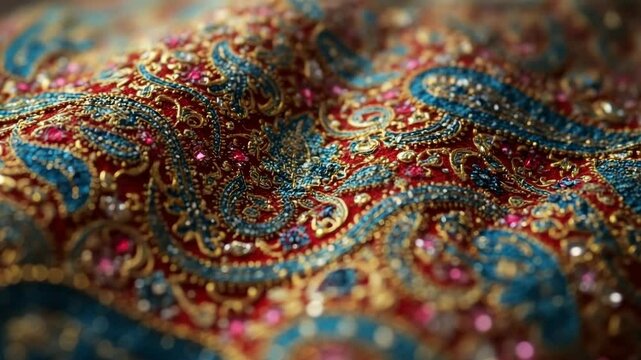 Richly embellished ethnic wear fabric with intricate paisley patterns and colorful gemstones. This luxurious textile features vibrant red, teal, and gold threads, adorned with sparkling crystals.