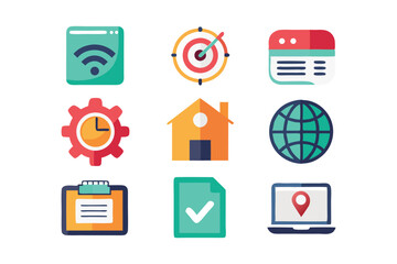 Collection of colorful flat icon set illustrating technology business and global communication concepts