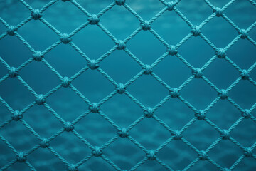 Fototapeta premium Abstract Fishing Net Pattern: A close-up shot of a sturdy, woven fishing net, its intricate diamond pattern creating a captivating interplay of light and shadow in a deep, marine blue setting.