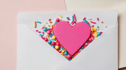 Pink Heart Shape Inside a White Envelope with Multicolored Sprinkles on Pastel Background - Powered by Adobe