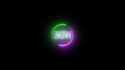 Neon RUN Sign with a Vibrant Green and Purple Circular Outline on Black Background The