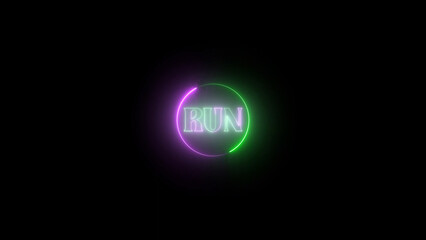 Glowing Neon Run Sign with Circular Purple and Green Outline on Black Background neon sign