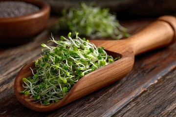 Fresh sprouts on a wooden spoon, healthy lifestyle concept
