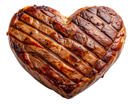 Juicy Grilled Heart-Shaped Steak with Grill Marks, isolated on transparent background
