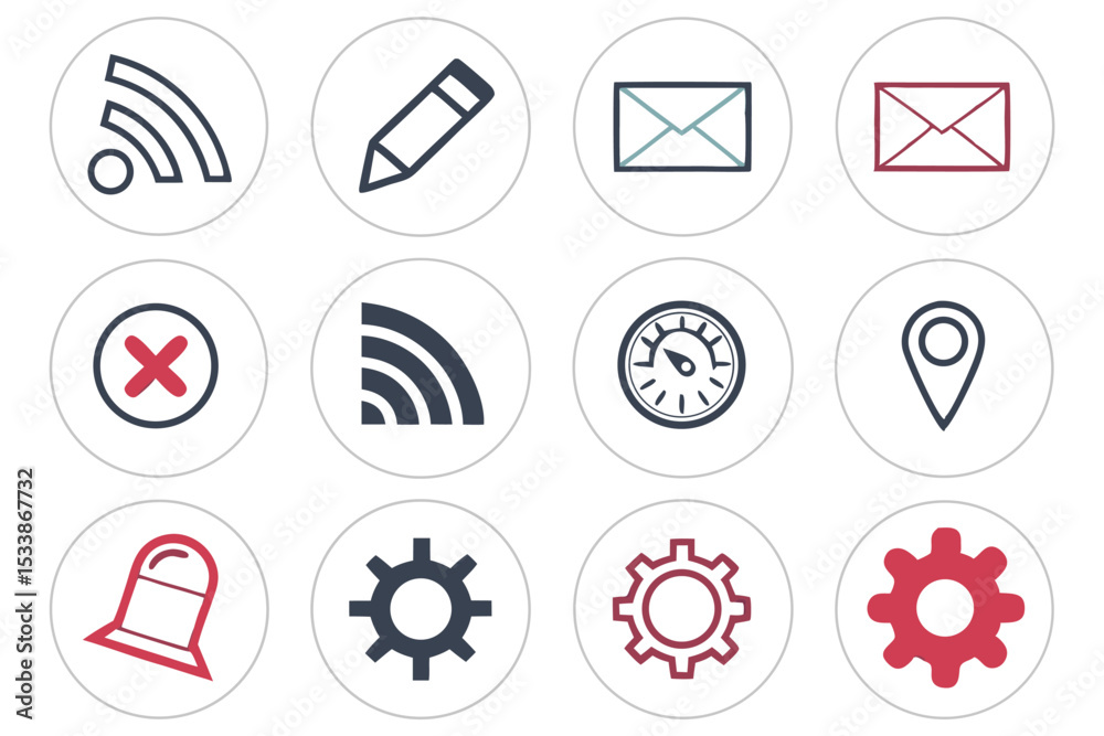 Poster collection of vector icons representing various functions and settings in simple circles