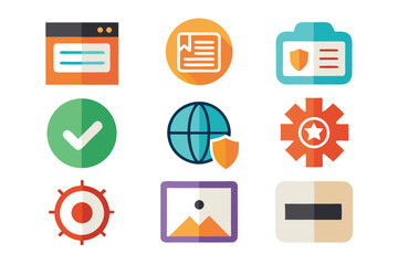 Colorful flat design icon set representing technology and various digital concepts