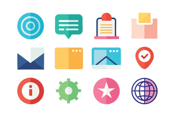 Colorful flat design icons illustrating various concepts and digital communication elements