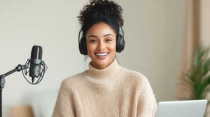 Happy young woman wearing headphones speaking into microphone while recording podcast in home studio