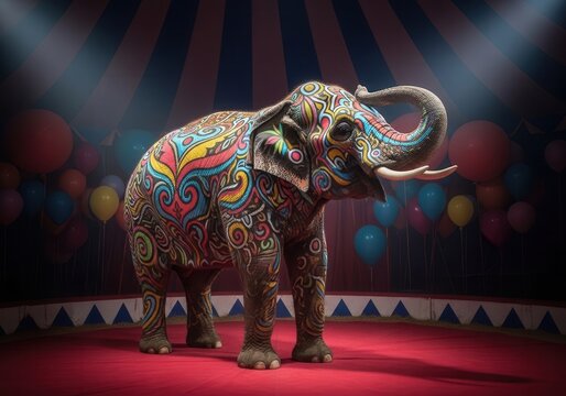 Colorful elephant art in circus setting