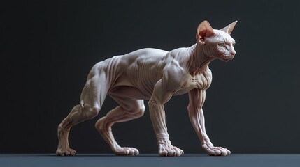 A muscular Sphynx cat flexing its biceps like a bodybui.