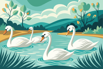 Graceful white swans and pink flamingos swim in the blue lake and sea, reflecting beautiful wildlife