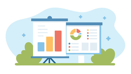 Presentation boards displaying bar graph and pie chart with trees in the background scene design