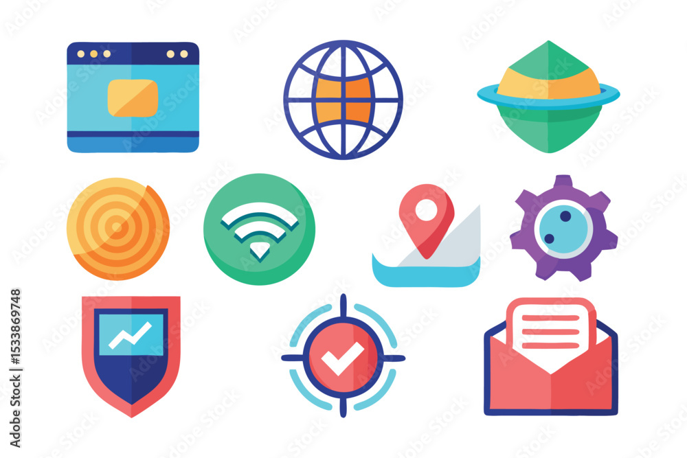Poster colorful vector icons representing web technology location security and communication concepts