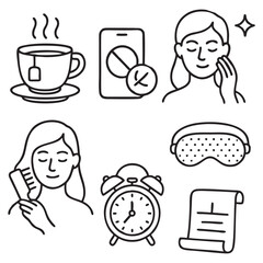 Self Care Night Routine Icon Set – Black & White Stroke Vector Icons