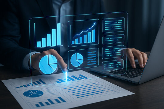 Business analytics dashboard data analysis financial report with laptop and charts and graphs display