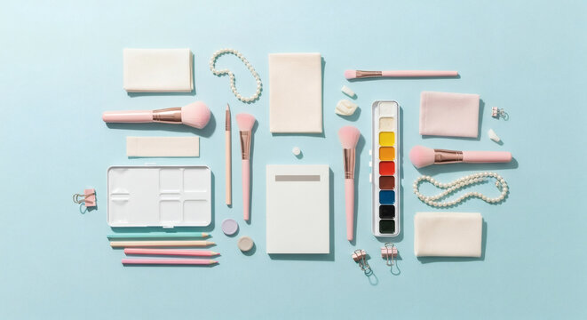 Pastel art supplies and makeup tools arranged on a soft blue background creates serene image