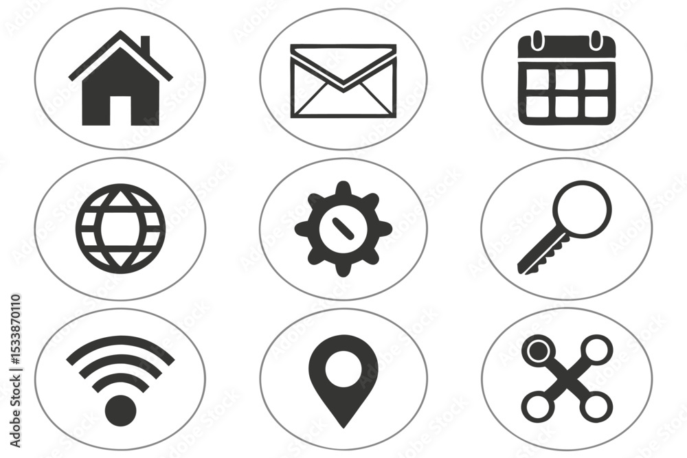 Poster modern set of simple black and white icons representing essential web and mobile functions