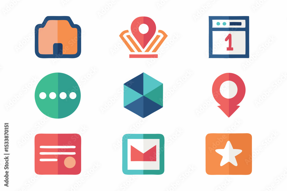 Poster Nine colorful vector icons representing various app and website user interface elements